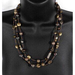 MIA FA vintage 3 strand beaded necklace brass, brown, gold, silver 20"